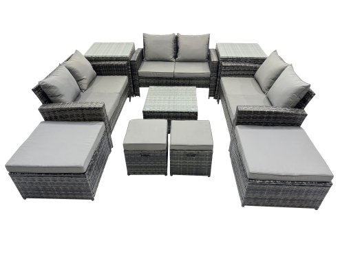 Fimous PE Rattan Garden Furniture Set Lounge Double Seat Sofa Coffee Table Set with 2 Side Tables 4 Stools Dark Grey Mixed