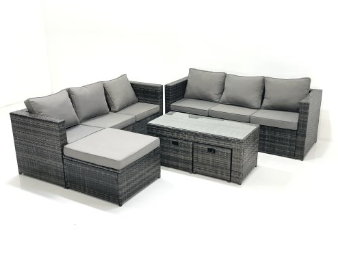 Fimous Garden Outdoor Rattan Furniture Set with Sofa Coffee table 3 Footstools Dark Grey Mixed