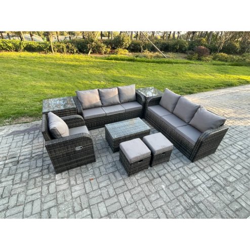 Fimous 9 Seater Rattan Lounge Sofa Set Outdoor Garden Furniture Set with Rectangular Coffee Table 3 Seater Sofa 2 Small Footstools 2 Side Tables Dark Grey Mixed