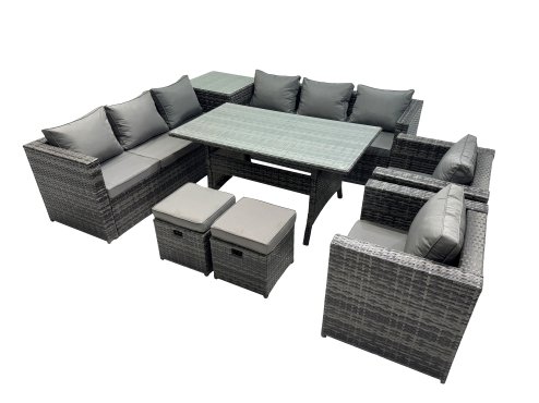 Fimous Outdoor Corner Sofa Chair Dining Table Set Garden Rattan Furniture Set 10 Seater with Side Table 2 Small Stool Dark Grey