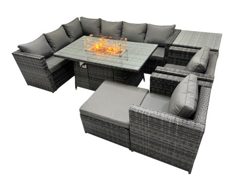 Fimous Rattan Garden Furniture Dining Set 9-seater Gas Firepit Dining Table Corner Sofa Set with Big Stool Side Table Dark Grey Mixed