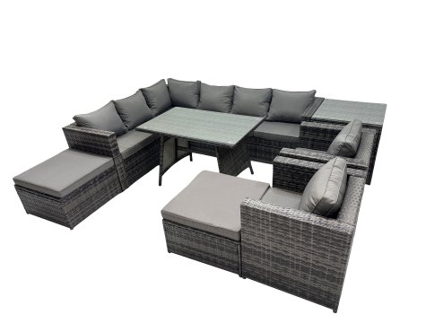 Fimous 10-seater Outdoor PE Rattan Sofa Set with Dining Table Patio Garden Furniture Sets with 2 Chair 2 Big Stools Side Table Dark Grey Mixed