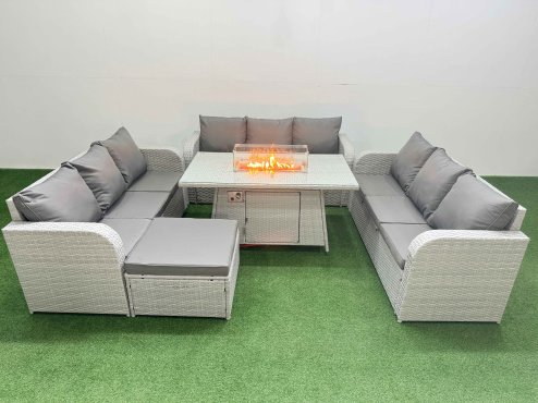 Fimous PE Rattan Lounge Sofa Set 10 Seater Outdoor Garden Furniture Set with Firepit Dining Table 3 Seater Sofa Big Footstool Light Grey