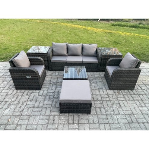 Fimous Garden Furniture Sets 6 Pieces Wicker Rattan Furniture Patio Sofa Sets with Reclining Chair 3 Seater Sofa 2 Side Tables Big Footstool Dark Grey Mixed