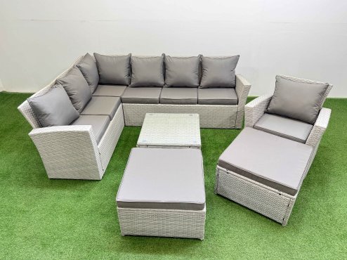 Fimous Outdoor Rattan Garden Furniture Set 9 Seater Corner Sofa Sets with Square Coffee Table Chair 2 Big Footstools Light Grey Mixed