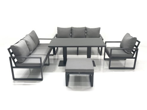 Fimous Outdoor Garden Furniture Set Aluminium Lounge Sofa Adjustable Rising Lifting Dining Table Sets with Big Footstool Dark Grey