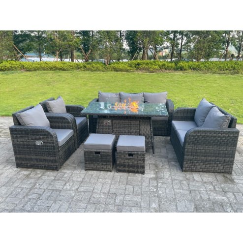 Fimous Dark Mixed Grey Rattan Outdoor Garden Furniture Gas Fire Pit Table Sets Gas Heater Lounge Love Sofa Recling Chairs Footstools 9 Seater