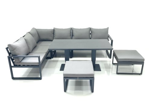 Fimous Aluminum Outdoor Garden Furniture Set Corner Sofa 2 Big Footstools Adjustable Rising Lifting Dining Table Sets Dark Grey