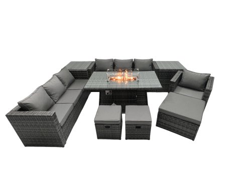 Fimous Rattan Garden Furniture Firepit Dining Set 10 Seater Lounge Sofa Table Set with 2 side table 3 Footstool
