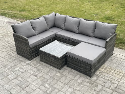 Fimous 7 Seater Outdoor Garden Furniture Set Wicker PE Rattan Corner Sofa Set with Square Coffee Table Big Footstool Dark Grey Mixed