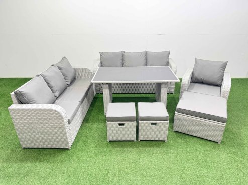 Fimous Rattan Garden Furniture Dining Set 10-seater Patio Rectangular Table Sofa Set with 3 Stools Light Grey