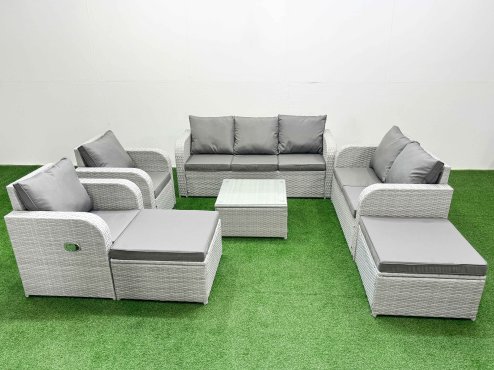 Fimous PE Rattan Garden Furniture Set Adjustable Chair Sofa Double Love Seat 2 Seater Sofa Lounge Set Square Coffee Table 2 Big Footstool Light Grey