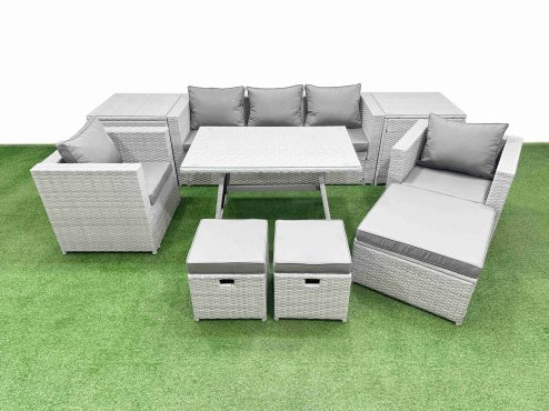 Fimous 10 Pieces Outdoor PE Rattan Sofa Armchair Set Patio Garden Furniture Sets with Cushions 2 Side Tables 3 Stools Light Grey