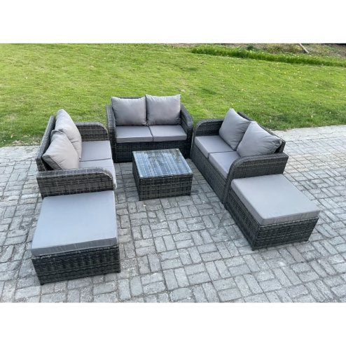 Fimous 8 Seater High Back Rattan Garden Furniture Set with Square Coffee Table 2 Big Footstool Love Sofa Indoor Outdoor Patio Lounge Sofa Set Dark Grey Mixed