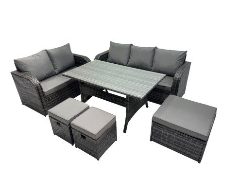 Fimous 8 Seat Outdoor Wicker PE Rattan Garden Furniture Set Dining Table Sofa Sets with 3 Stools Dark Grey Mixed