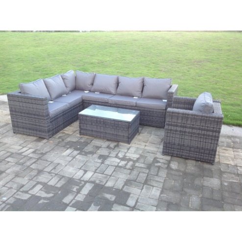 Fimous Dark Grey Mixed PE Rattan Corner Sofa Set Outdoor Garden Furniture Oblong Coffee Table Chair