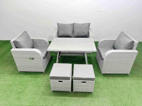 Fimous Light Grey PE Wicker Rattan Garden Furniture Set Sofa Set Reclining Chair Love Sofa Rectangular Dining Table 2 Small Stools