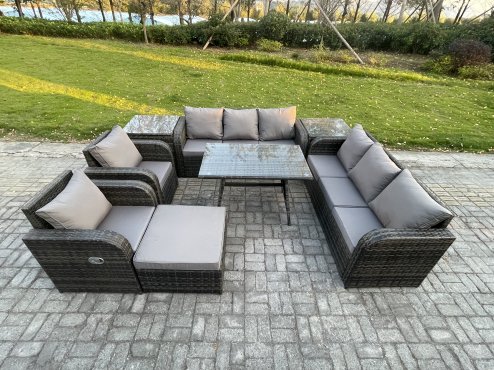 Fimous 9 Seater Rattan Outdoor Garden Furniture Sofa Set Patio Table & Chairs Set with 3 Seater Sofa Rectangular Dining Table 2 Side Tables Big Footstool Dark Grey Mixed