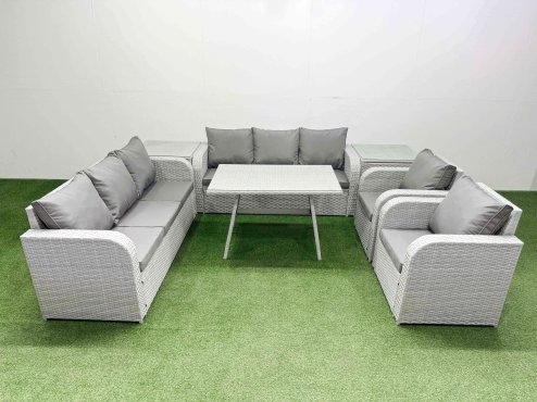 Fimous Rattan High Back Lounge Sofa Set Patio Dining Table & Chairs Set with 3 Seater Sofa 2 Reclining Chairs 2 Side Tables Light Grey