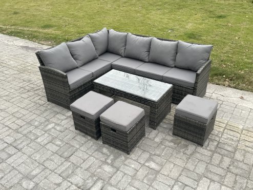 Fimous 9 Seater Outdoor Rattan Garden Furniture Set Corner Sofa Oblong Coffee Table Sets with Patio 3 Small Footstools Dark Grey Mixed