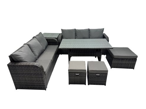 Fimous 9 Seat Outdoor Wicker PE Rattan Garden Furniture Set Dining Table Sofa Set with Side Table 3 Stools Dark Grey Mixed