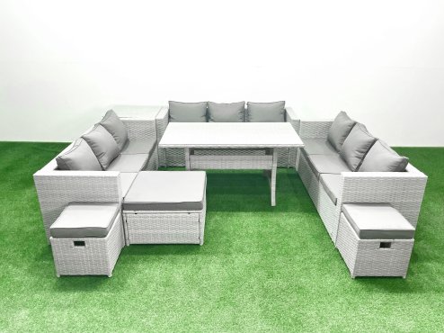 Fimous Rattan Garden Outdoor Furniture Set 12 Seater Garden Sofa Rectangulr Dining Table Set with 3 Footstools Side Table Light Grey Mixed