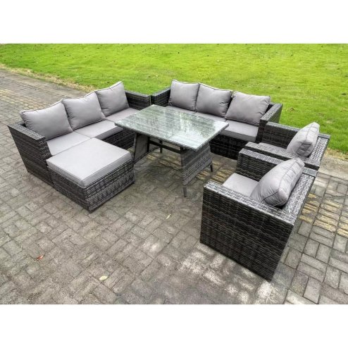 Fimous 8 Seater Rattan Outdoor Furniture Sofa Garden Dining Set with Patio Dining Table 2 Armchairs Big Footstools Dark Grey Mixed
