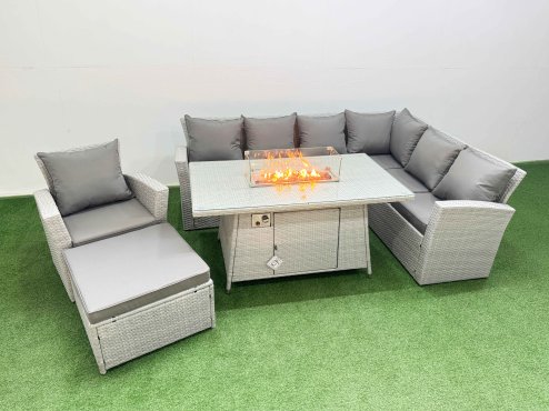 Fimous 8 Seat Rattan Garden Furniture Corner Sofa Set Outdoor Gas Fire Pit Table Set with Big Footstool Light Grey