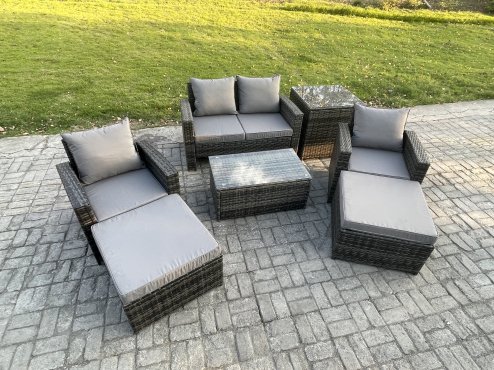 Fimous 6 Seater Dark Grey Outdoor Rattan Garden Furniture Set Patio Lounge Sofa Rectangular Coffee Table with Side Table 2 Big Footstool