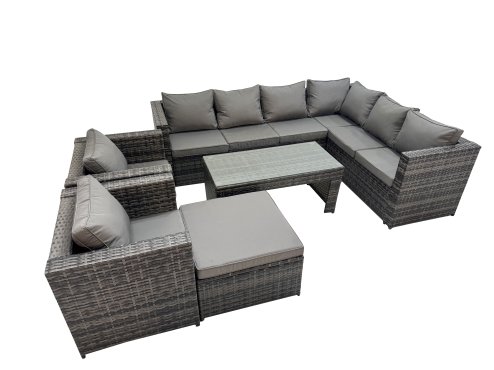 Fimous Outdoor Rattan Oblong Coffee Table Corner Sofa Sets Garden Furniture Set with 2 Chairs Big Stool Dark Grey Mixed