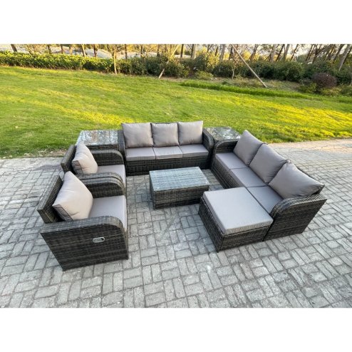 Fimous Rattan Outdoor Garden Furniture Sofa Set Patio Table & Chairs Set with 3 Seater Sofa Reclining Chair 2 Side Table Big Footstool Dark Grey Mixed