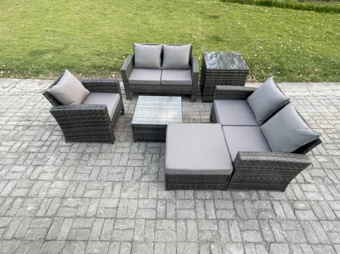 Fimous Outdoor Rattan Garden Furniture Set Conservatory Patio Sofa Coffee Table Set with Chair Big Footstool Side Table Dark Grey Mixed