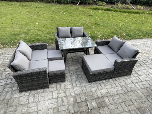 Fimous Outdoor Lounge Sofa Set Wicker PE Rattan Garden Furniture Set with Rectangular Dining Table 2 Seat Sofa 3 Footstools Dark Grey Mixed