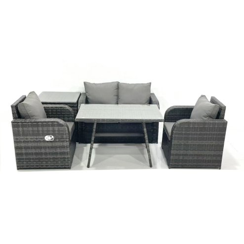 Fimous Outdoor Garden Furniture Set Rattan Sofa Dining Table Set with Reclining Chair Side Table Dark Grey Mixed