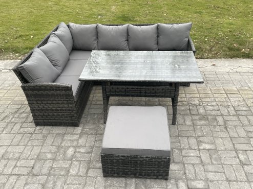Fimous 7 Seater Rattan Garden Furniture Sets High Back Corner Sofa Rectangular Dining Table Set with Big Footstool Dark Grey Mixed