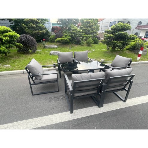 Fimous Aluminum Garden Furniture Dining Set Adjustable Rising Lifting Table And Chairs Patio Outdoor 6 Seat Black Tempered Glass Dark Grey