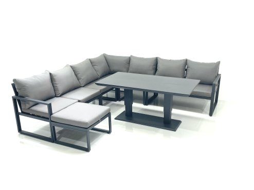 Fimous 8 Seater Outdoor Aluminum Garden Furniture Set Corner Sofa Big Footstool Adjustable Rising Lifting Dining Table Sets Dark Grey