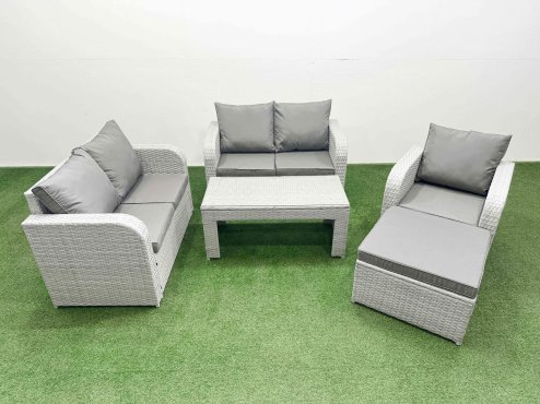 Fimous High Back Poly Rattan Garden Furniture Set with Reclining Chair Loveseat Sofa Oblong Coffee Table Indoor Outdoor Patio Set Big Stool Light Grey