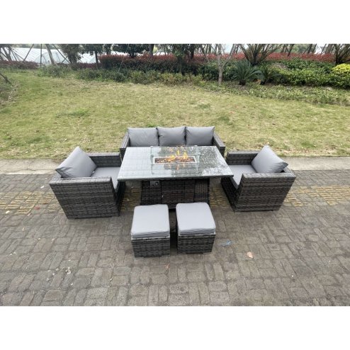 Fimous Outdoor PE Rattan Garden Furniture Gas Fire Pit Dining Table Lounge Sofa 2 PC Armchairs 2 PC Footstools Dark Grey Mixed Patio
