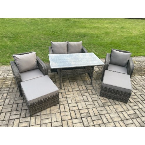 Fimous Patio Rattan Garden Furniture Set with Oblong Rectangular Dining Table 2 Big Footstool 6 Seater Outdoor Lounge Sofa Set Dark Grey Mixed