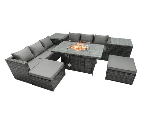 Fimous Rattan Garden Furniture Firepit Dining Set 8 Seater Lounge Sofa Table Set with 2 Side Tables 2 Footstool