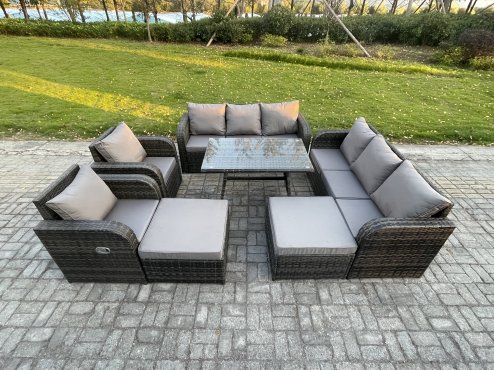 Fimous Rattan Garden Furniture Dining Set 10 seater Patio Rectangular Table 2 Big Footstool Dark Grey Mixed