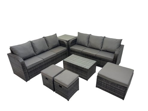 Fimous Outdoor 3 Seater Sofa Coffee Table Set Garden Rattan Furniture Set 9 Seater with 3 Stool Side Table Dark Grey