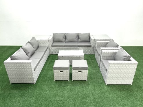 Fimous Outdoor Rattan Sofa Garden Furniture Set with 2 Armchairs Oblong Coffee Table 2 Small Footstools 2 Side Tables Light Grey Mixed