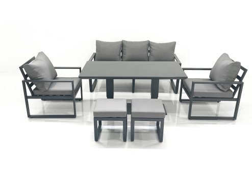 Fimous Outdoor Aluminium Garden Furniture Set with Adjustable Rising Lifting Dining Table 3 Seater Sofa 2 Chair 2 Small Footstools Dark Grey