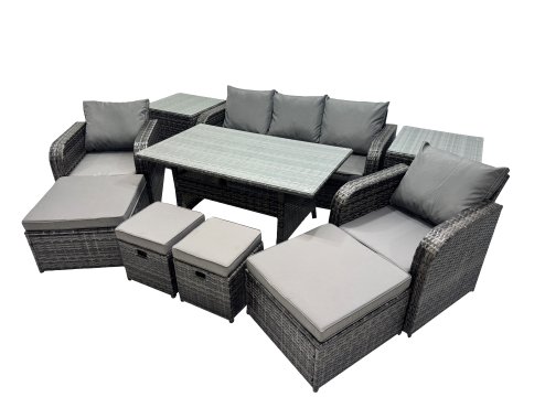 Fimous 8 Seat Outdoor Wicker PE Rattan Garden Furniture Set Dining Table Sofa Set with 4 Stools 2 Side Tables Dark Grey Mixed