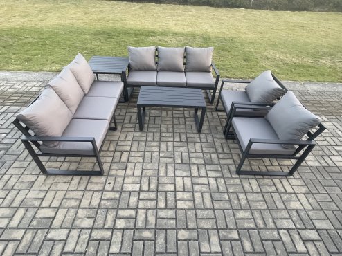 Fimous Aluminium 6 Pieces Garden Furniture Set with Cushions 8 Seater Outdoor Patio Lounge Sofa Set with 2 Armchairs Side Table Dark Grey