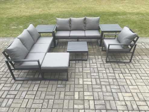 Fimous Aluminium 8 Seater Outdoor Garden Furniture Lounge Sofa Set with Square Coffee Table Chair Big Footstool 2 Side Tables Dark Grey