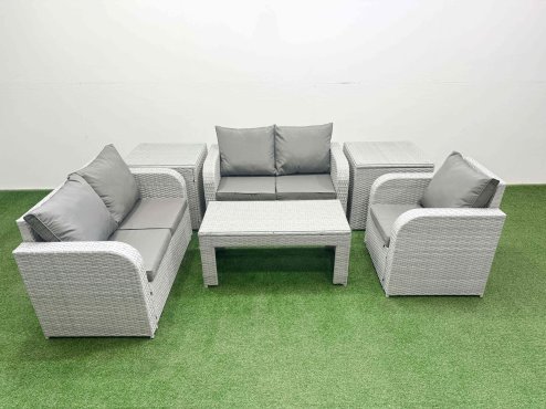 Fimous High Back Poly Rattan Garden Furniture Set with Reclining Chair Loveseat Sofa Oblong Coffee Table Indoor Outdoor Patio Set 2 Side Table Light Grey