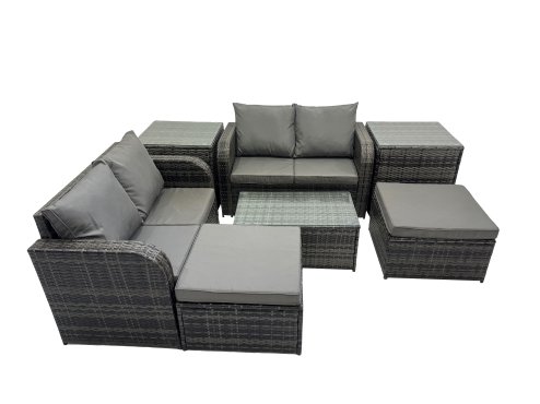 Fimous Outdoor Love Sofa Coffee Table Set Garden Rattan Furniture Set 6 Seater with 2 Side Tables 2 Big Stools Dark Grey